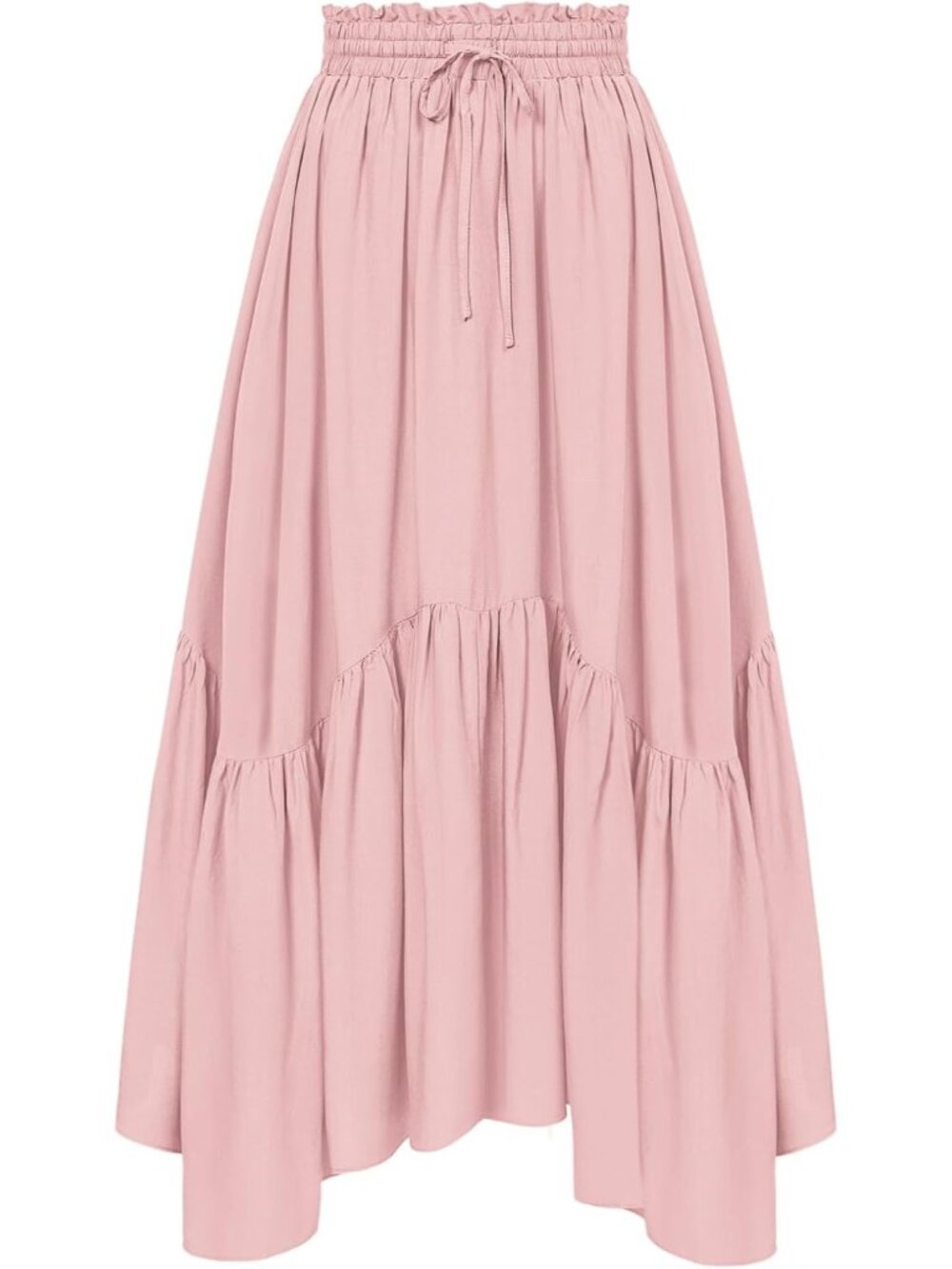 Womens Light Pink Drawstring Renaissance Boho Flowy Asymmetric Tiered Maxi Skirt